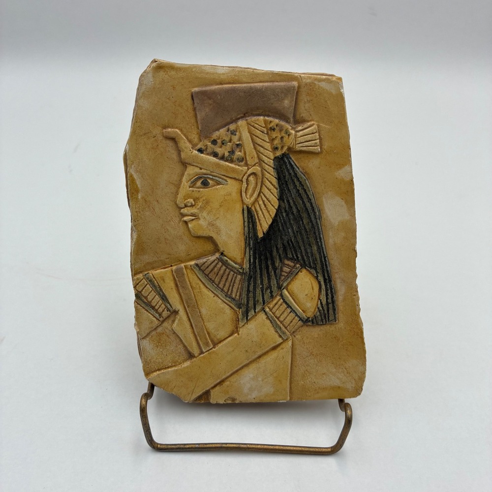 Egyptian Relief Plaque Carved Stone Style Figure Wall Decor with Stand 5x3.5 in